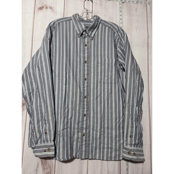 Eddie Bauer Shirt Mens Large Gray White Striped Button Down Casual Pocket Cotton - Picture 1 of 7